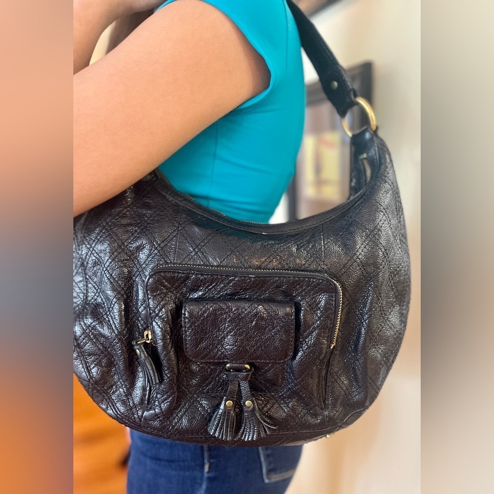 Antonio Melani Black Hobo Bag Quilted Leather Cargo Pockets Tassle Zips Shouder - Picture 3 of 11